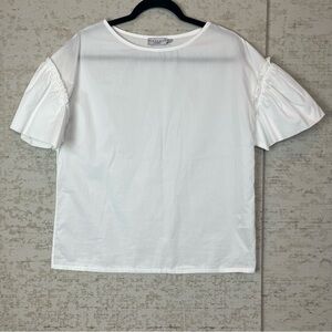 Harshman Womens Nagy White Blouse Medium Balloon Short Sleeve Classic Old Money